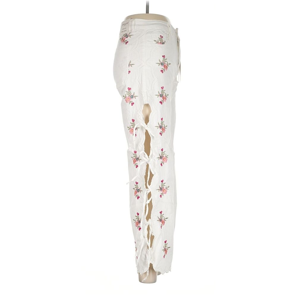 Zac & Zoe Paris White Floral Embroidered Wide Leg Lace Up Pants M 38 Boho Y2K - Picture 5 of 8